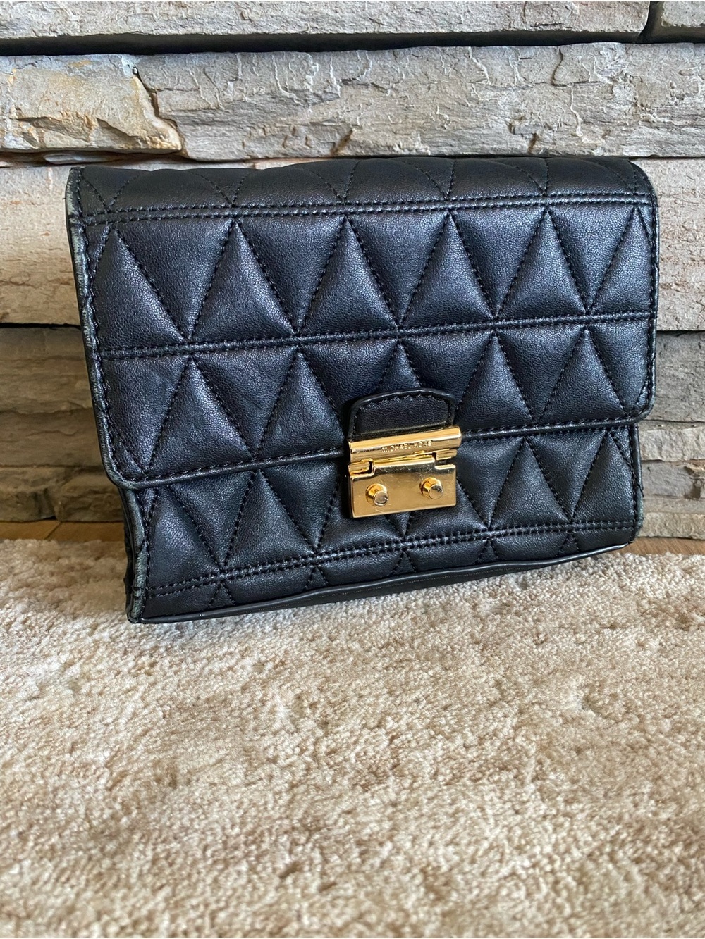 Michael Kors Black Quilted Leather Clutch Purse Handbag Bag with Gold-Tone Lock